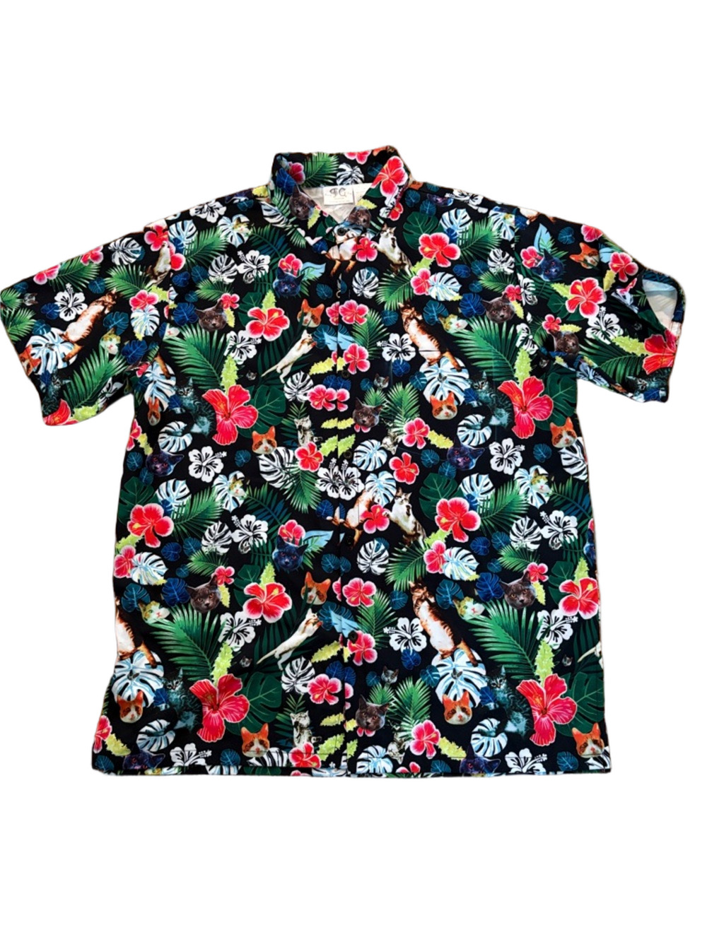 Funny Guy Hawaiian Cat Floral Short Sleeve Shirt Black Green Pink L